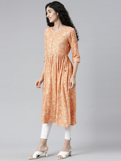 Orange Floral Print Viscose Rayon A-line Kurta from samhitas