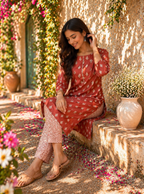 Rayon Printed Straight Kurta Pant Set- Marron