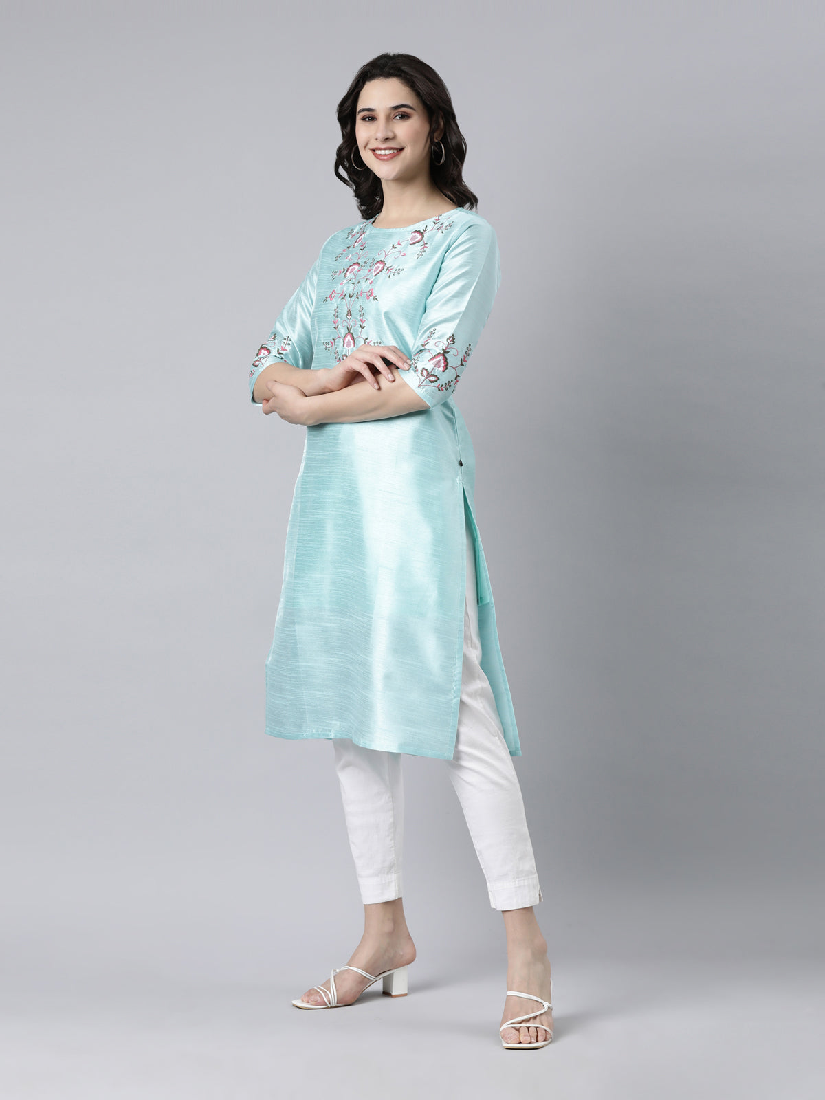 Sky Blue Embroidered Silk Kurta for Women from samhitas apparel