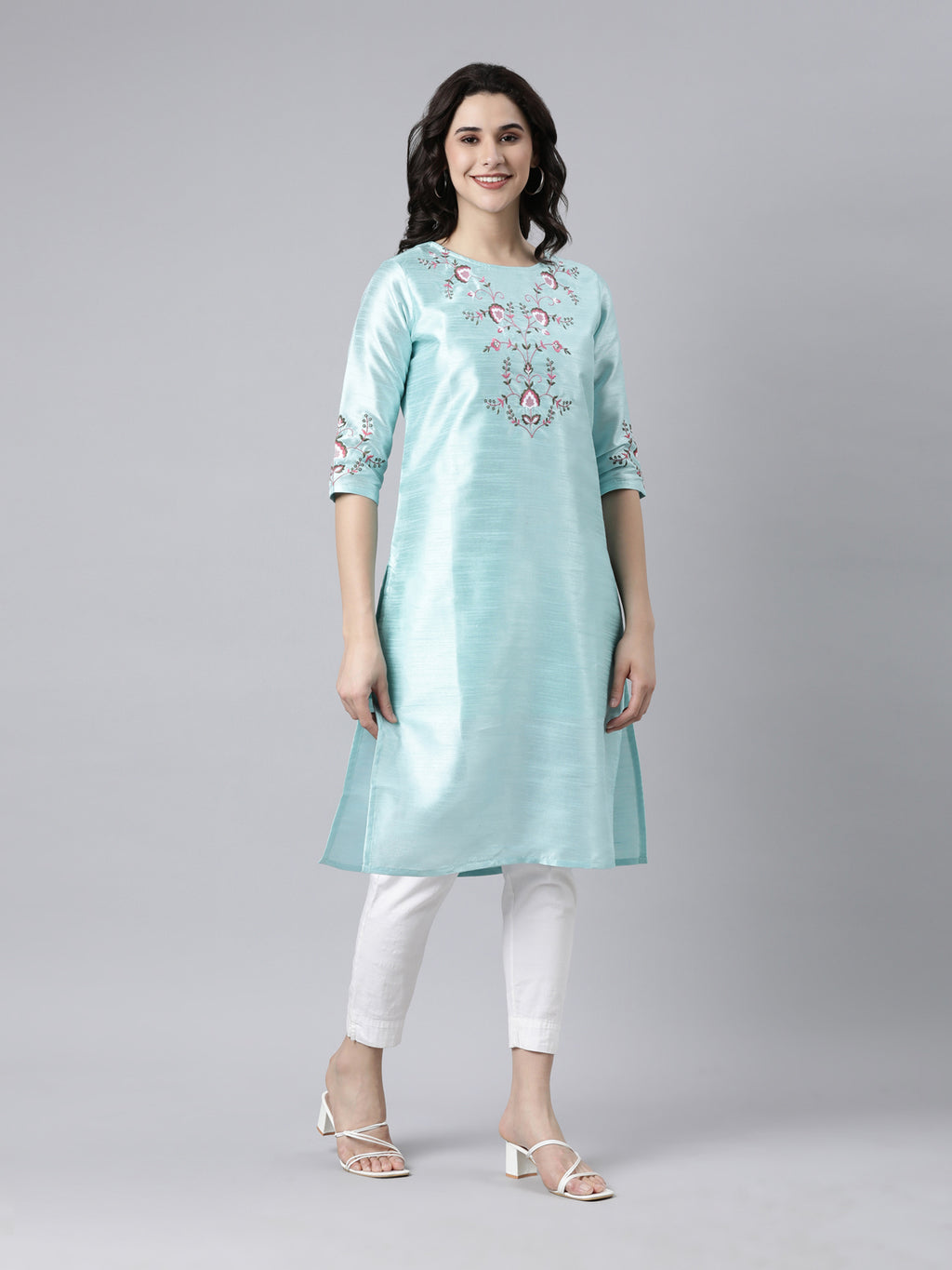 Sky Blue Embroidered Silk Kurta for Women from samhitas apparel