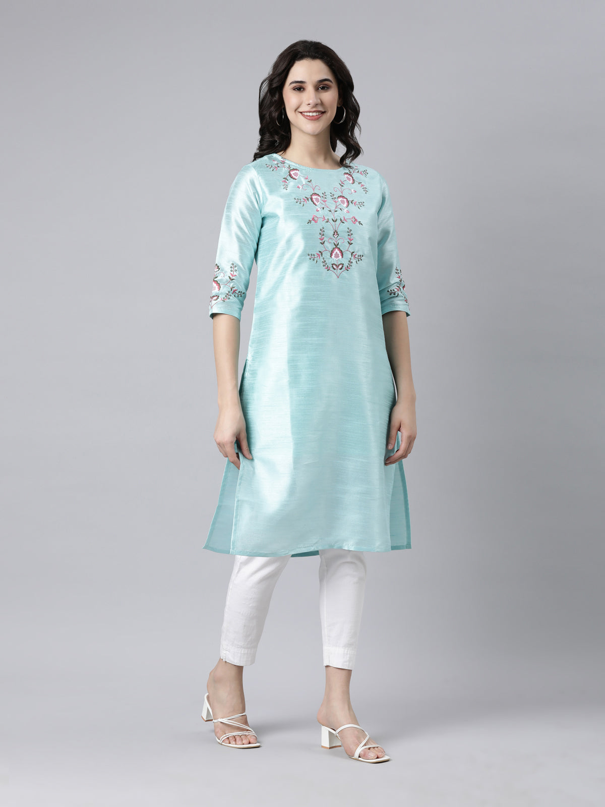 Sky Blue Embroidered Silk Kurta for Women from samhitas apparel