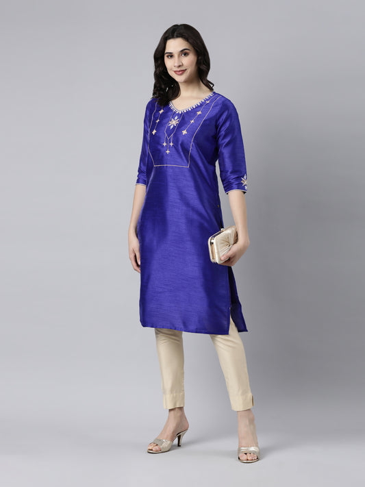 Samhitas Women's Raw Silk Kurta Blue