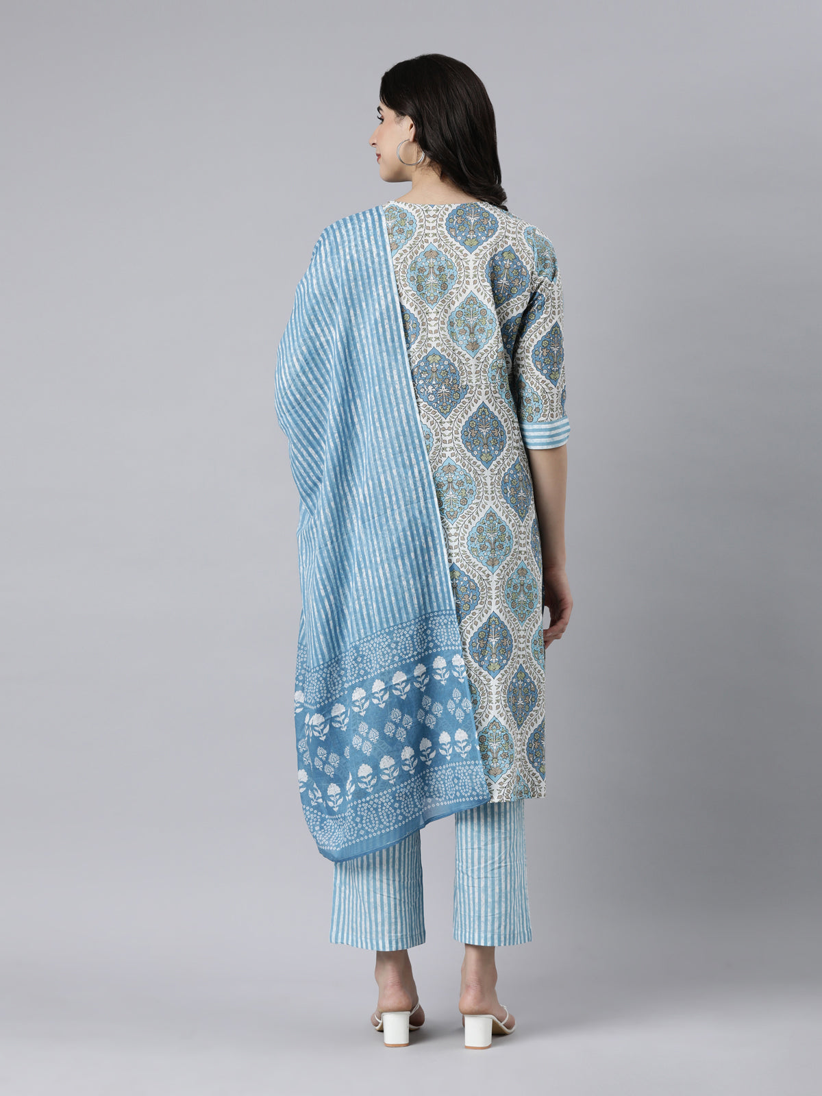 Women's Printed Blue Cotton Kurta Sets from samhitas apparel