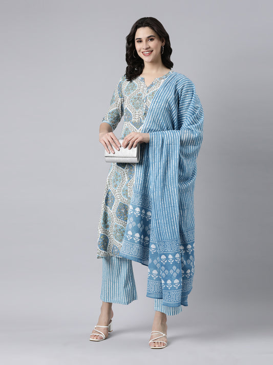 Women's Printed Blue Cotton Kurta Sets from samhitas apparel