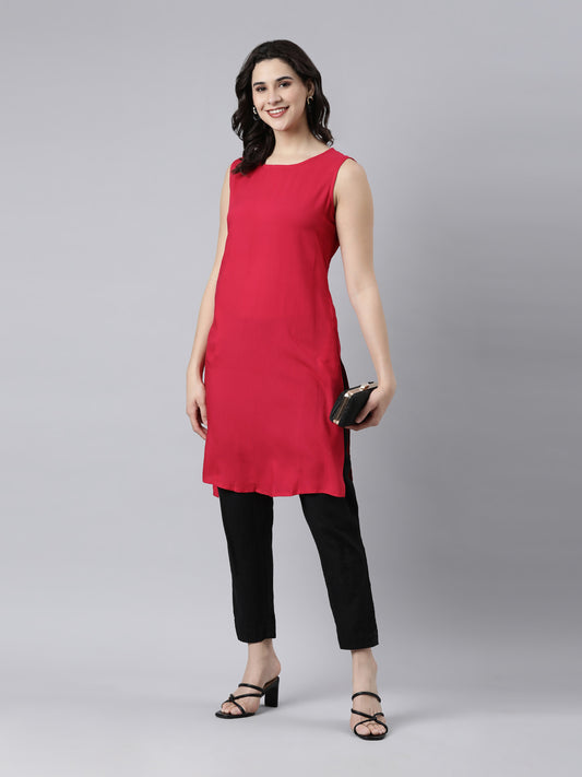 Samhitas Women's Rayon Cotton Sleeveless Kurta Pink