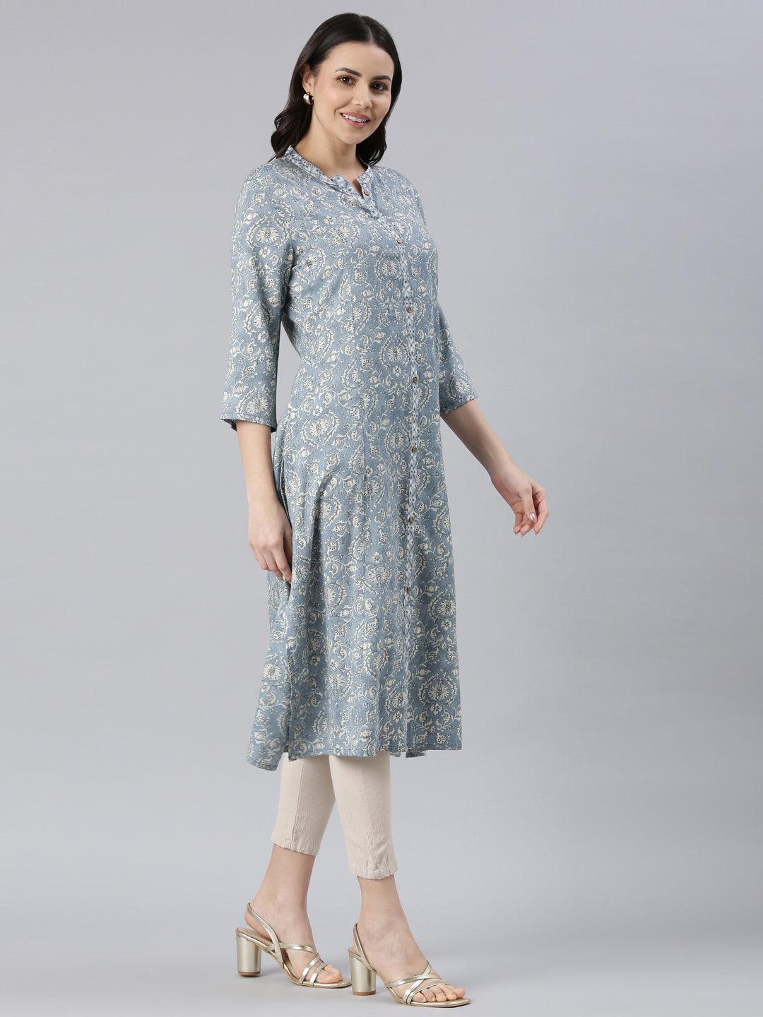 Floral Print Straight Viscose Rayon Kurta for women (Blue) from samhitas apparel