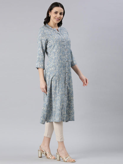 Women Floral Print Viscose Rayon Straight Kurta (Blue) - Samhitas Apparel