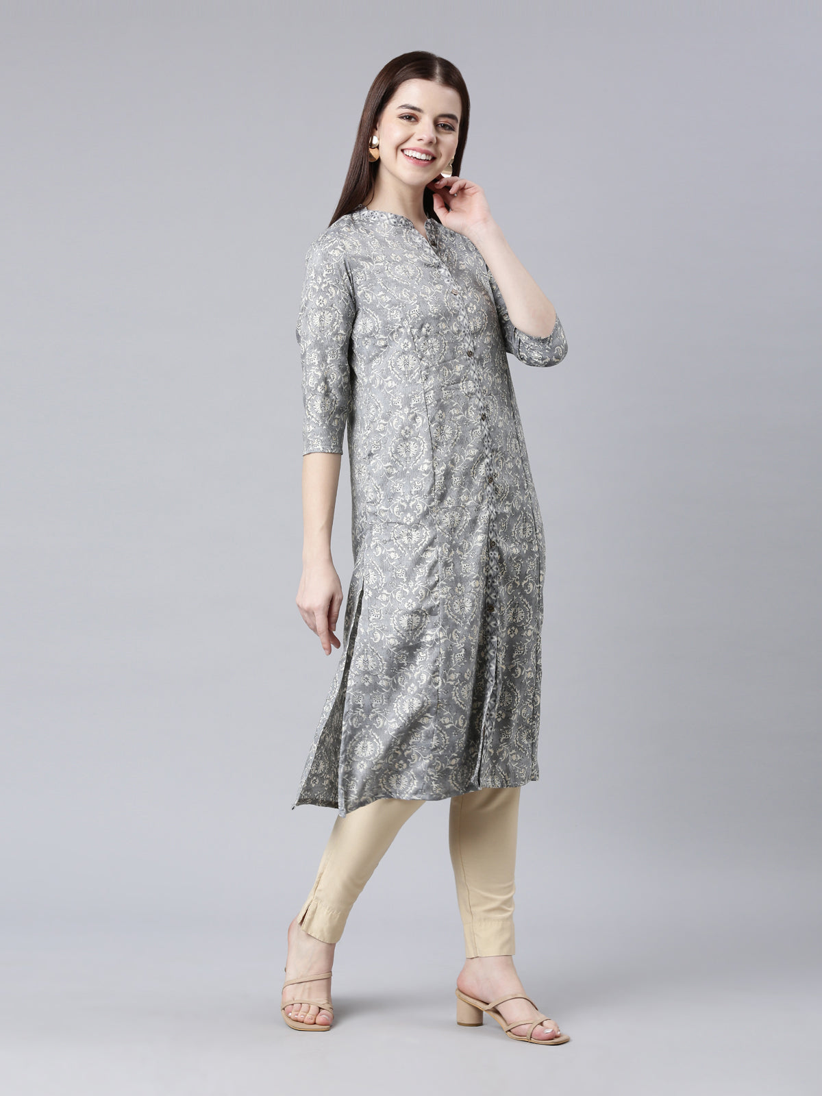 Women's Grey Mandarian Collar Viscose Rayon Kurta from samhitas apparel