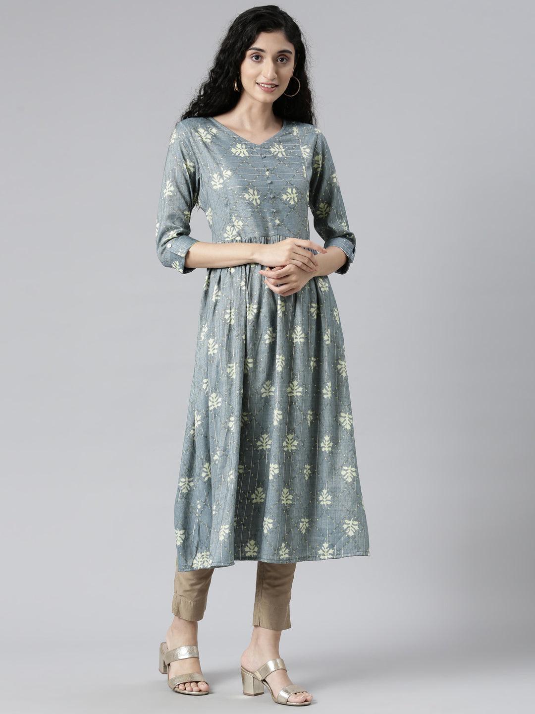 Indigo Printed Viscose Rayon A-line Kurta for women from samhitas