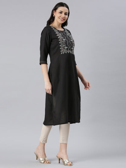 Elegant Embroidered Cotton Blend Straight Full Black Kurta for women from samhitas