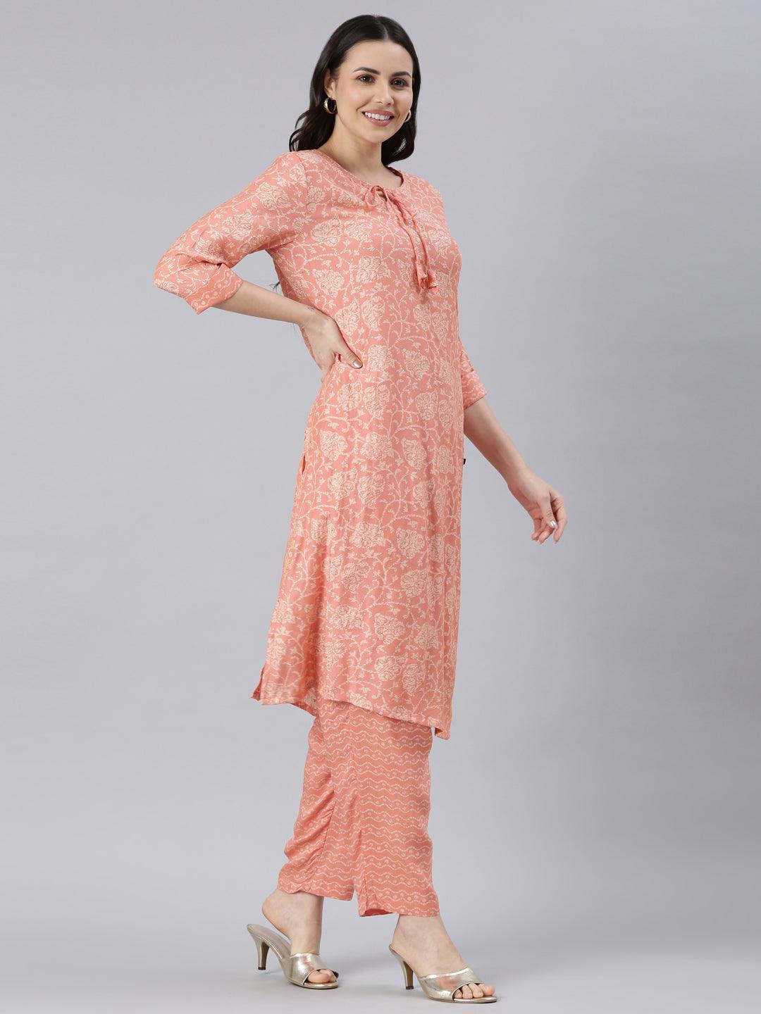 Floral-printed peach pure silk kurta set for women