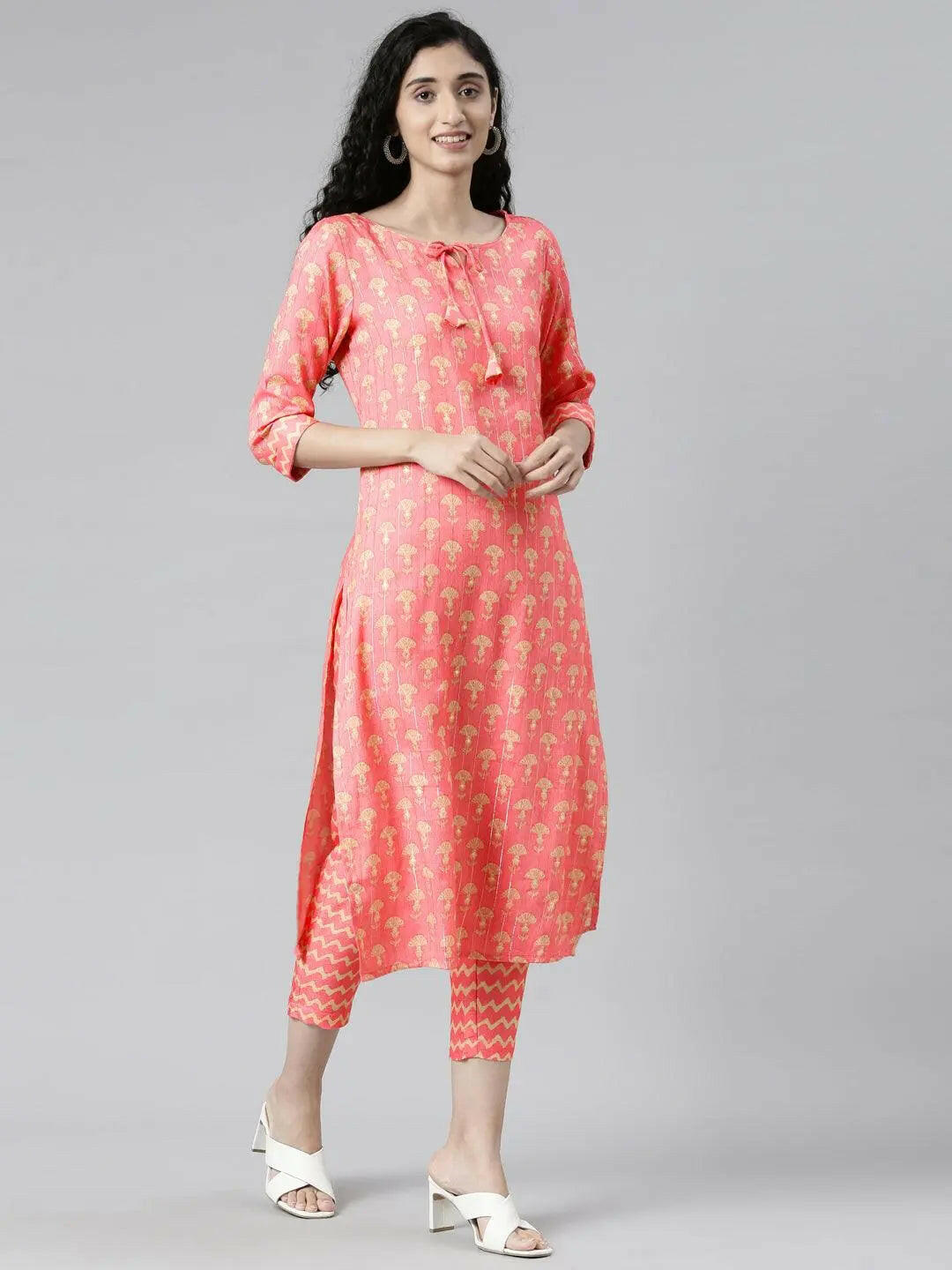 Floral Print Coral Straight Kurta Set from samhitas apparel