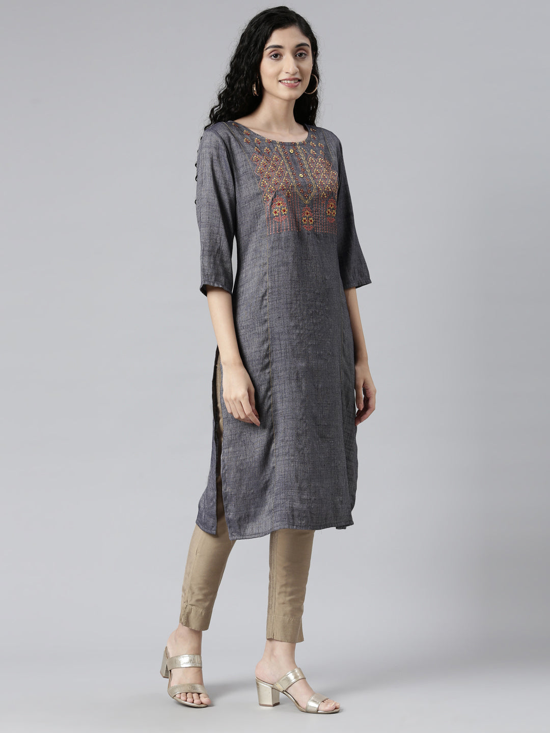 Women Embroidered Viscose Rayon Straight Kurta (Grey) - Samhitas Apparel