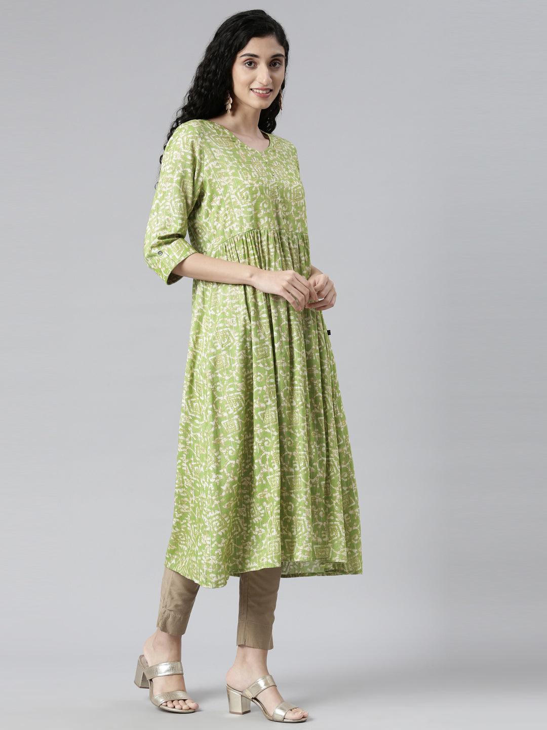 Light Green Abstract Viscose Rayon Flared Kurta for women from samhitas