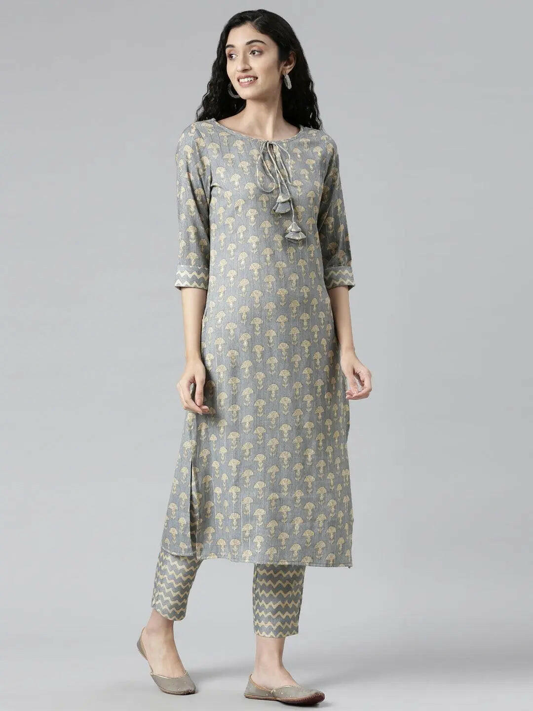 Elegant Grey Floral Print Straight Kurta Set from samhitas apparel