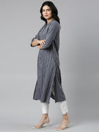 Grey Striped Cotton Silk A-line Kurtas for women from samhitas