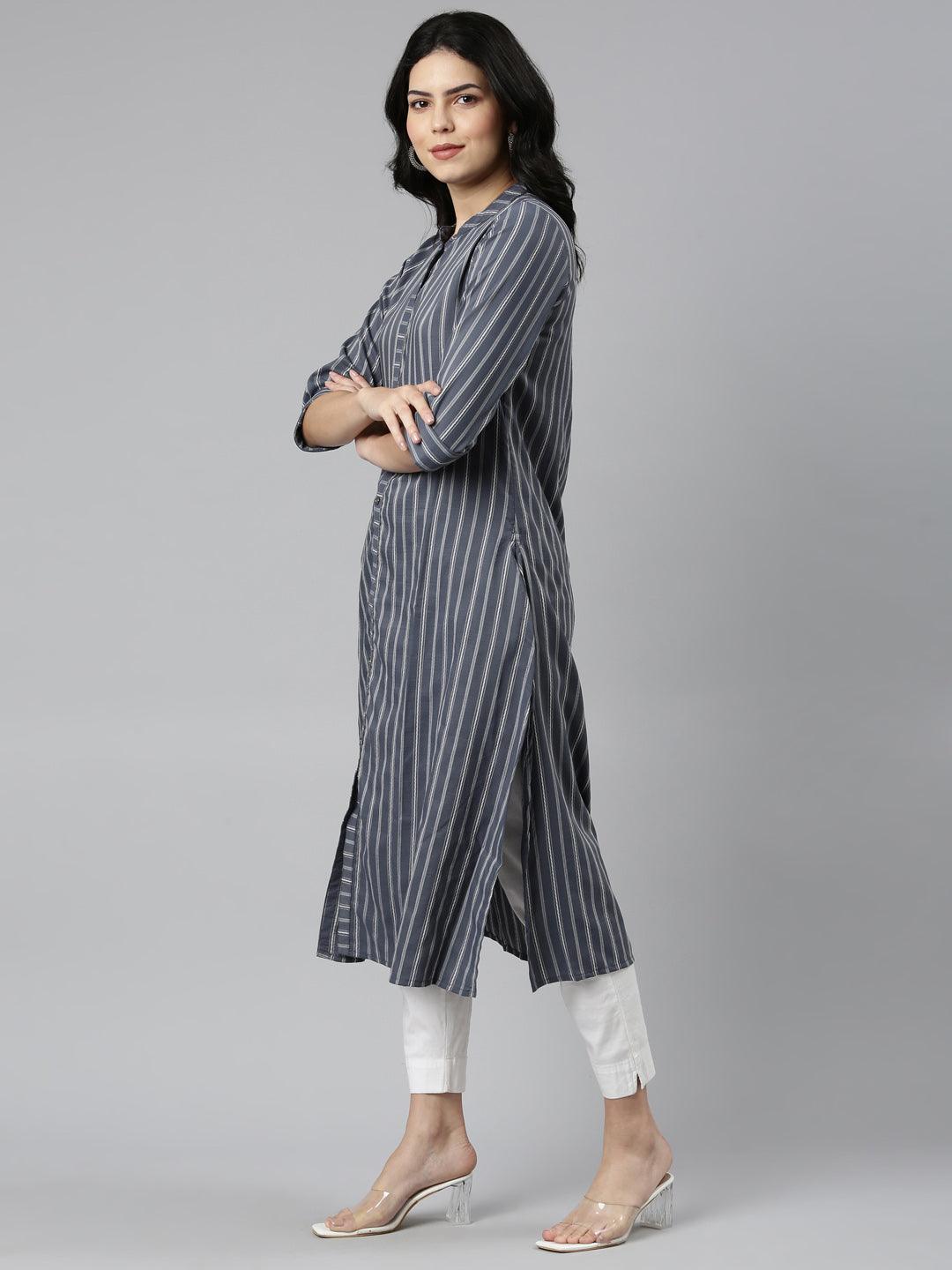 Grey Striped Cotton Silk A-line Kurtas for women from samhitas