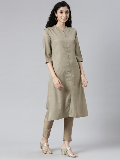 Women Woven Design Viscose Rayon Straight Kurta (Brown) - Samhitas Apparel