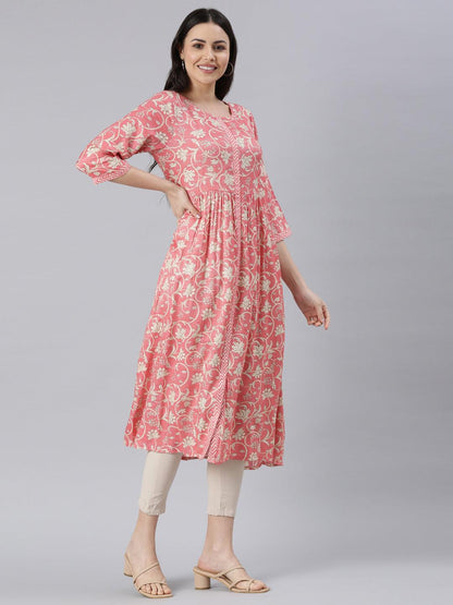 Elegant Pink Women’s Printed Viscose Rayon A-Line Kurta from samhitas apparel