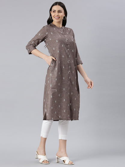 Women Printed Cotton Blend Straight Kurta (Brown) - Samhitas Apparel