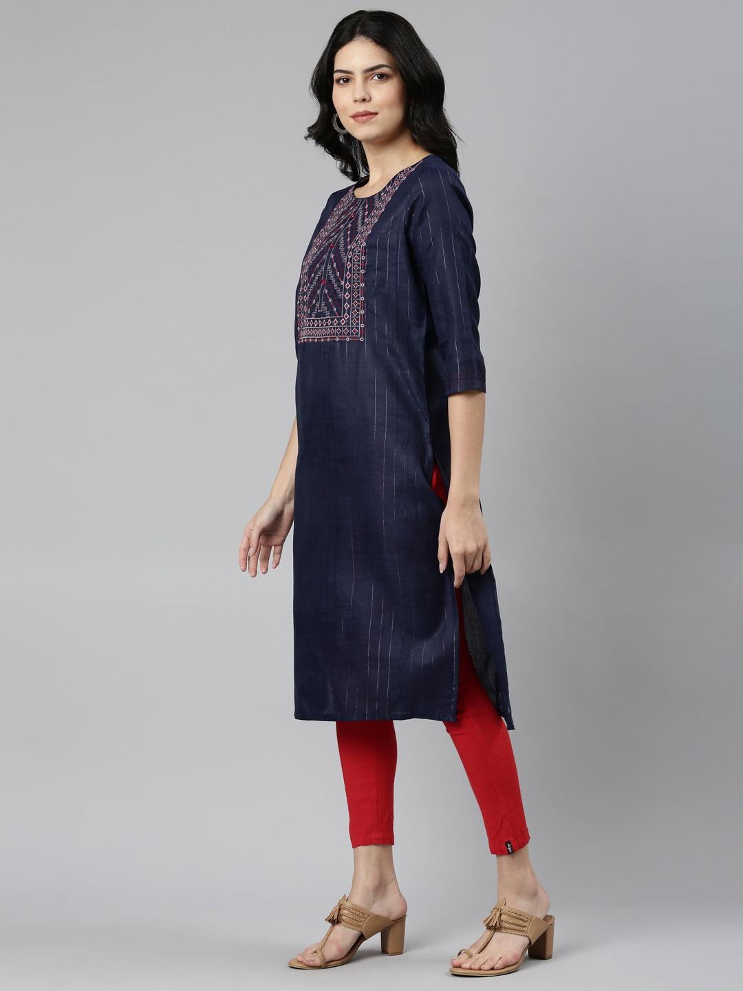 Navy Blue Striped Cotton Blend A-line Kurta for Women from samhitas apparel