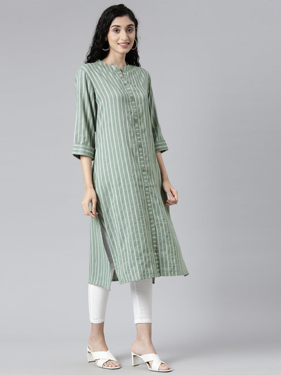 Green Chanderi Strip Kurti For Women from samhitas apparel