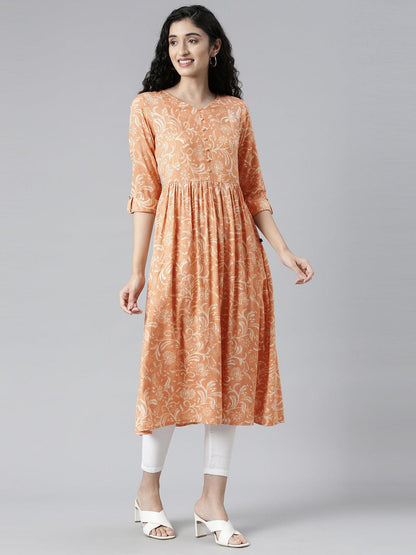 Orange Floral Print Viscose Rayon A-line Kurta from samhitas