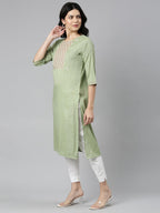 side view of Pista Striped Cotton Blend A-line Kurta from samhitas apparel