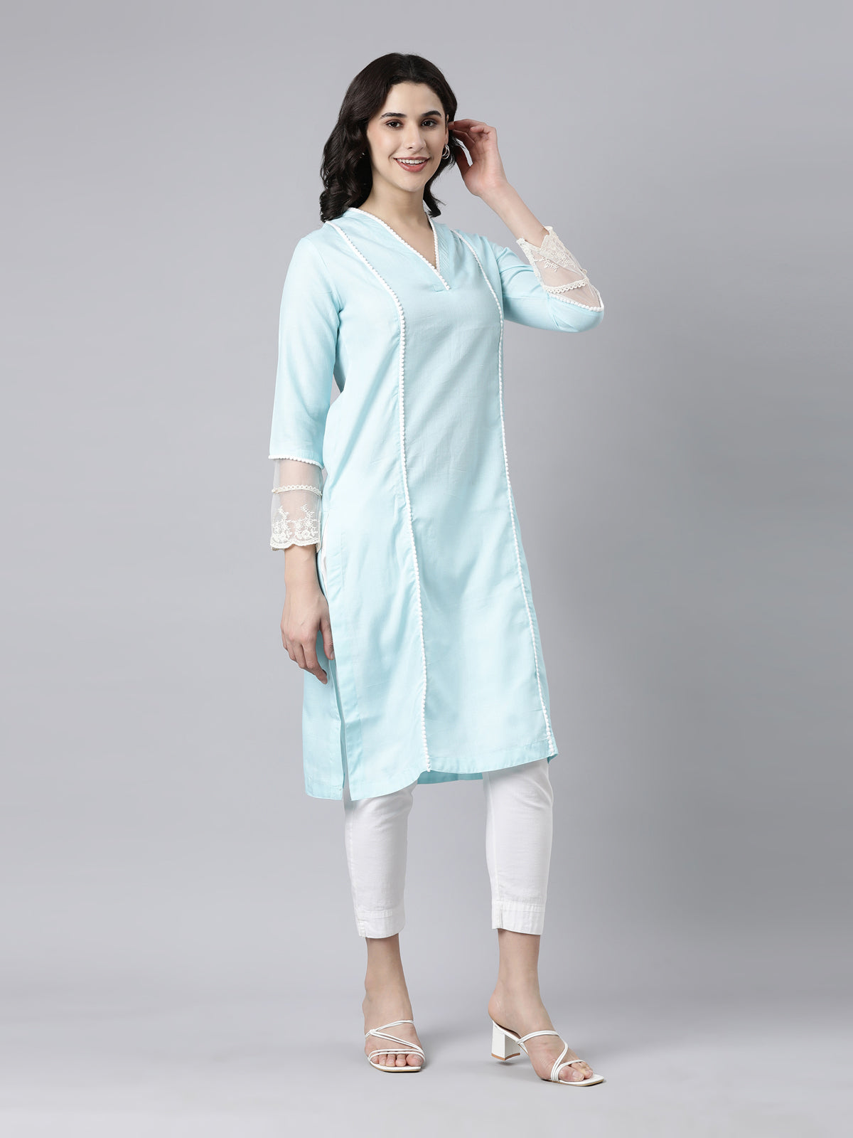 Women's Sky Blue Cotton Slub A-Line Kurta from samhitas apparel