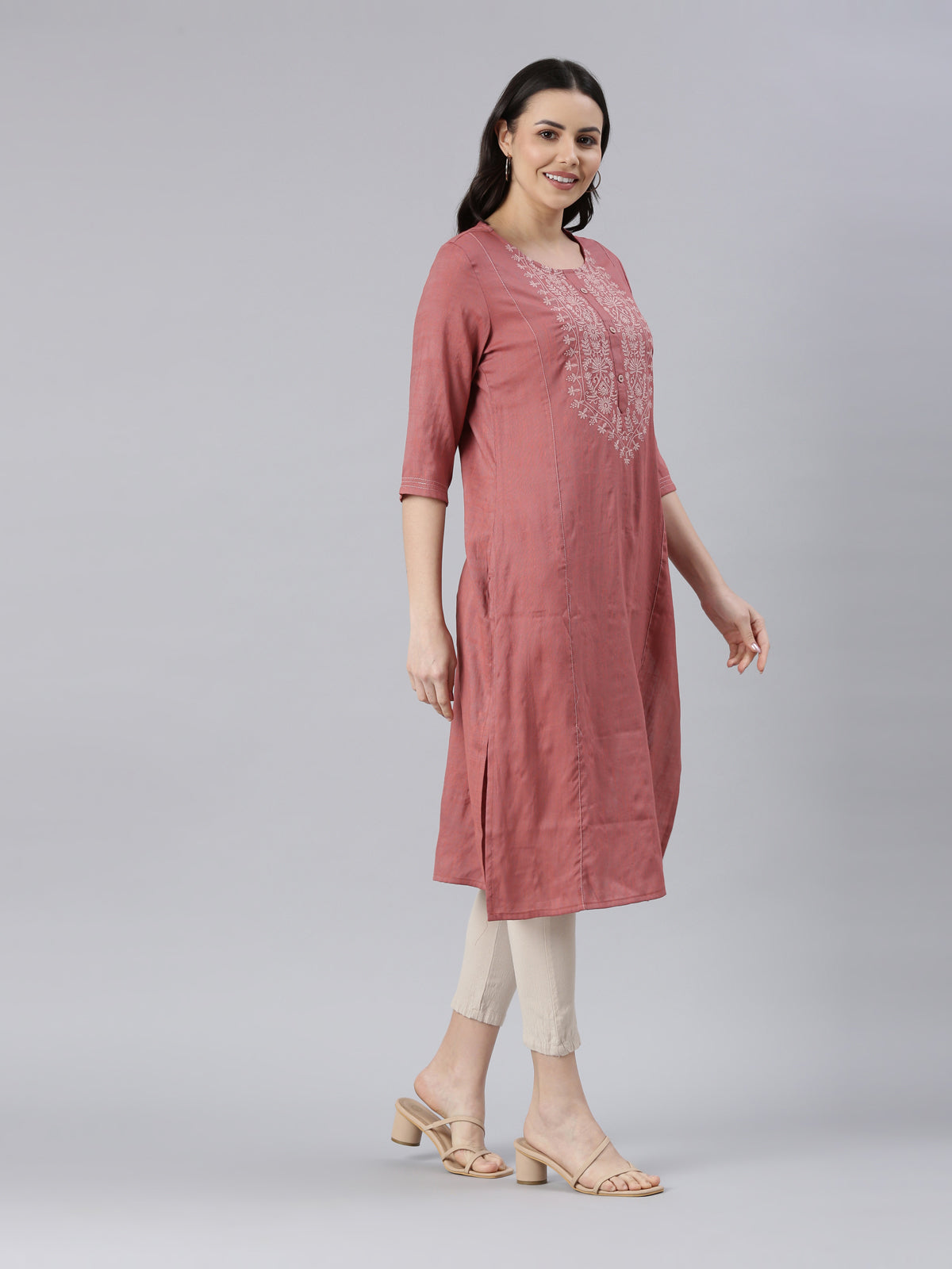 Women's Embroidered Eros Pink Viscose Rayon A-line Kurta from samhitas apparel