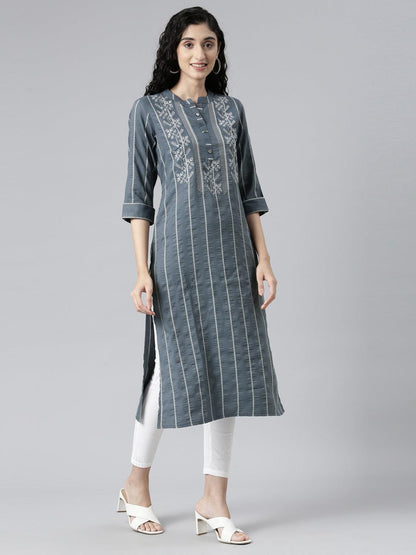 Women Striped Cotton Silk Straight Kurta (Grey) - Samhitas Apparel