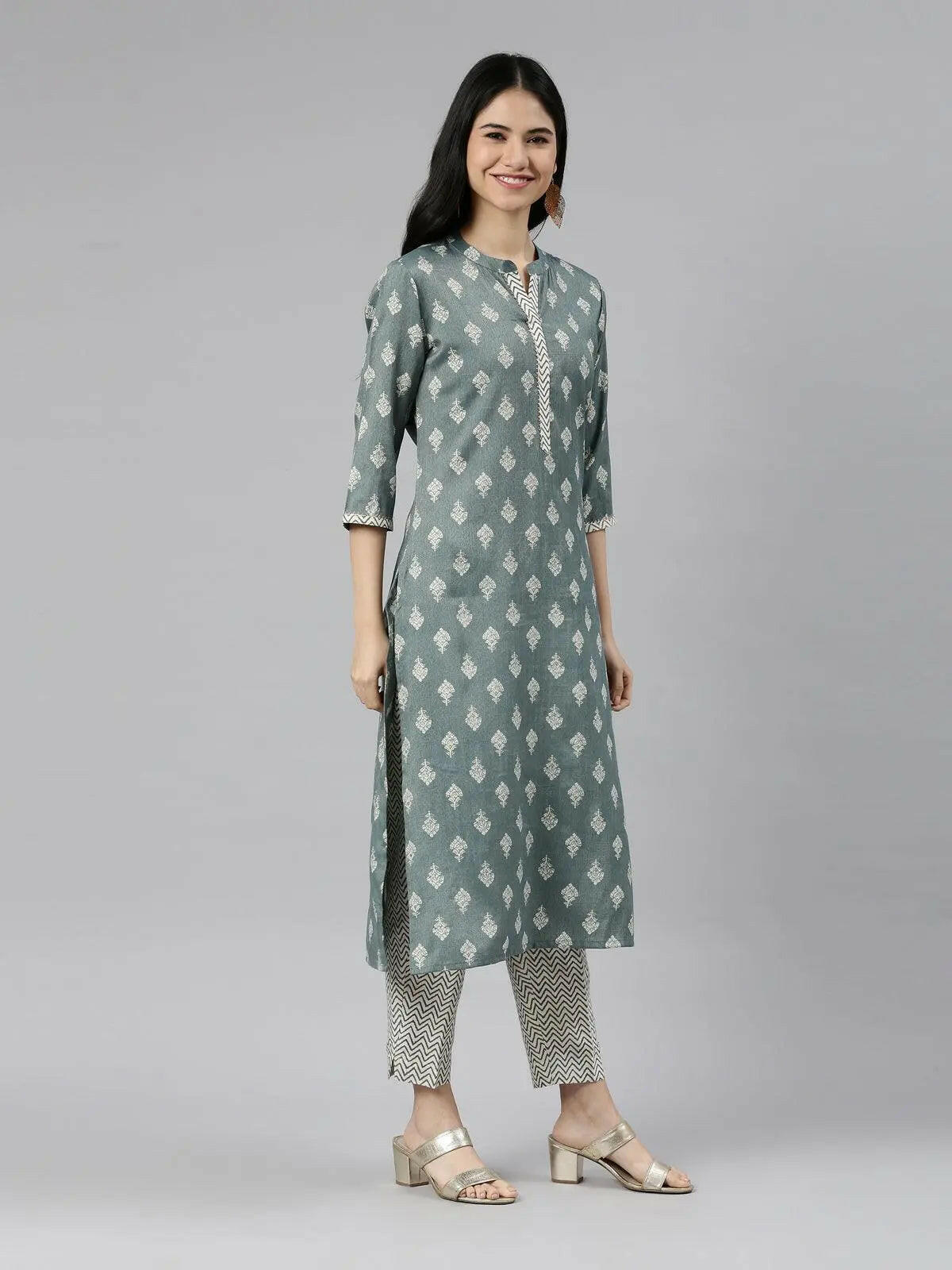 Teal Block Print Straight Kurta with Palazzo Pants Set from samhitas apparel