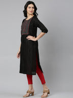 Embroidered Black A-line Cotton Blend Kurta for Women from samhitas apparel