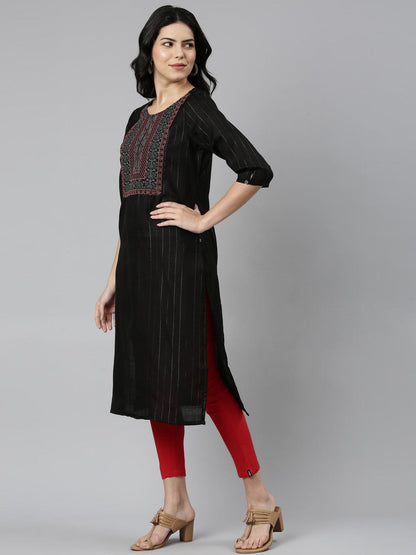 Embroidered cotton blend striped A-line black kurta for women