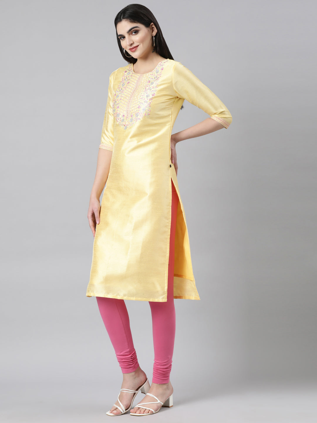 Yellow Embroidered Silk Kurta for Women from samhitas apparel