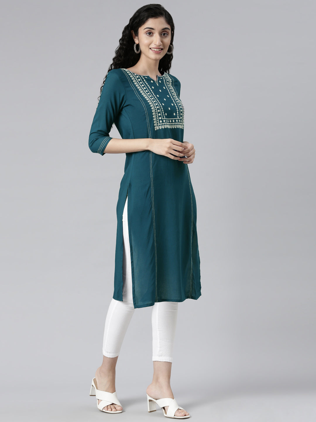 side view of Solid Blue Embroidered Viscose Rayon Straight Kurta from samhitas apparel