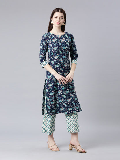 Blue Paisley Printed Cotton Kurta Set with Dupatta for Women