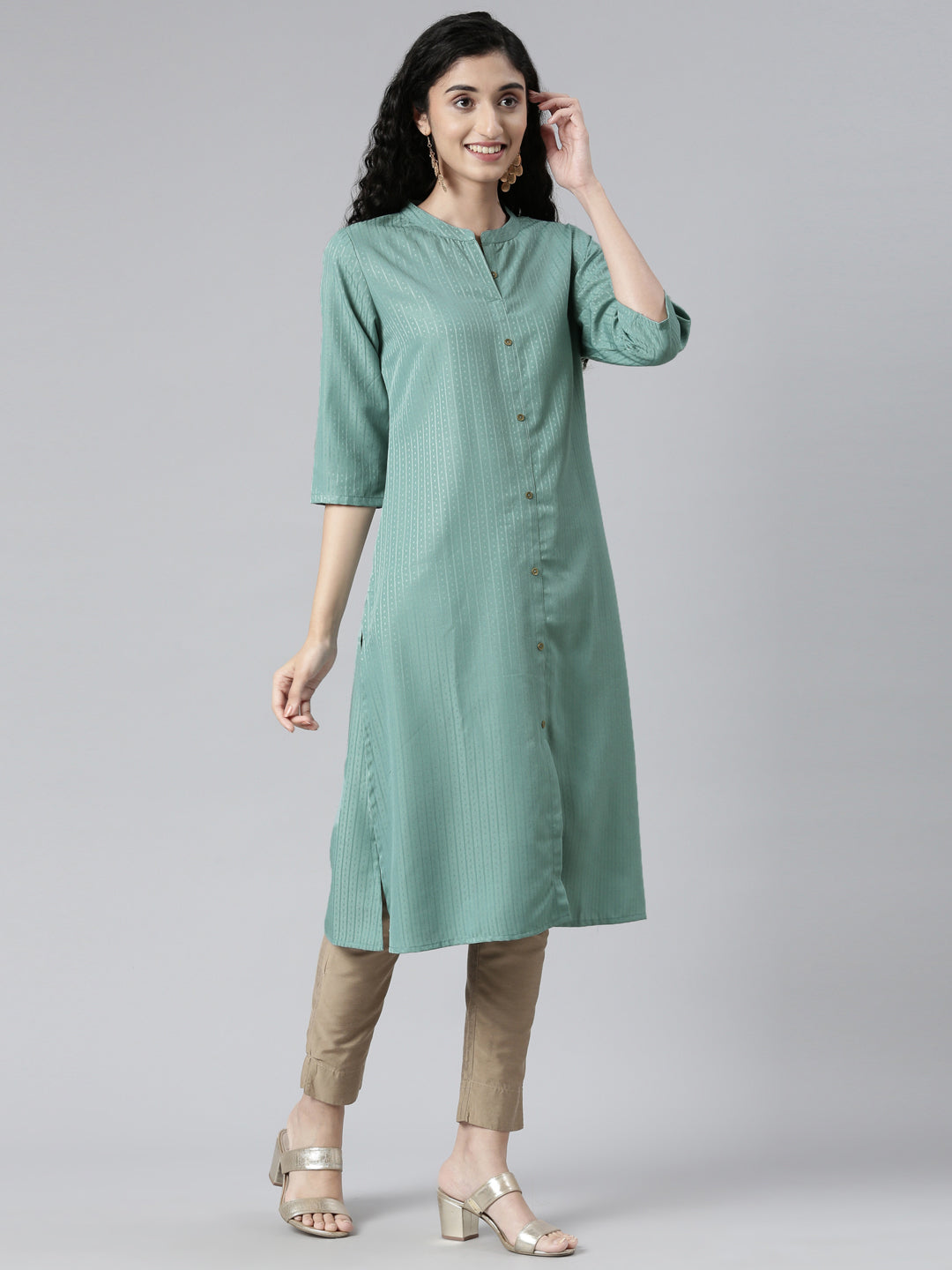 Women Woven Design Viscose Rayon Straight Kurta (Blue) - Samhitas Apparel