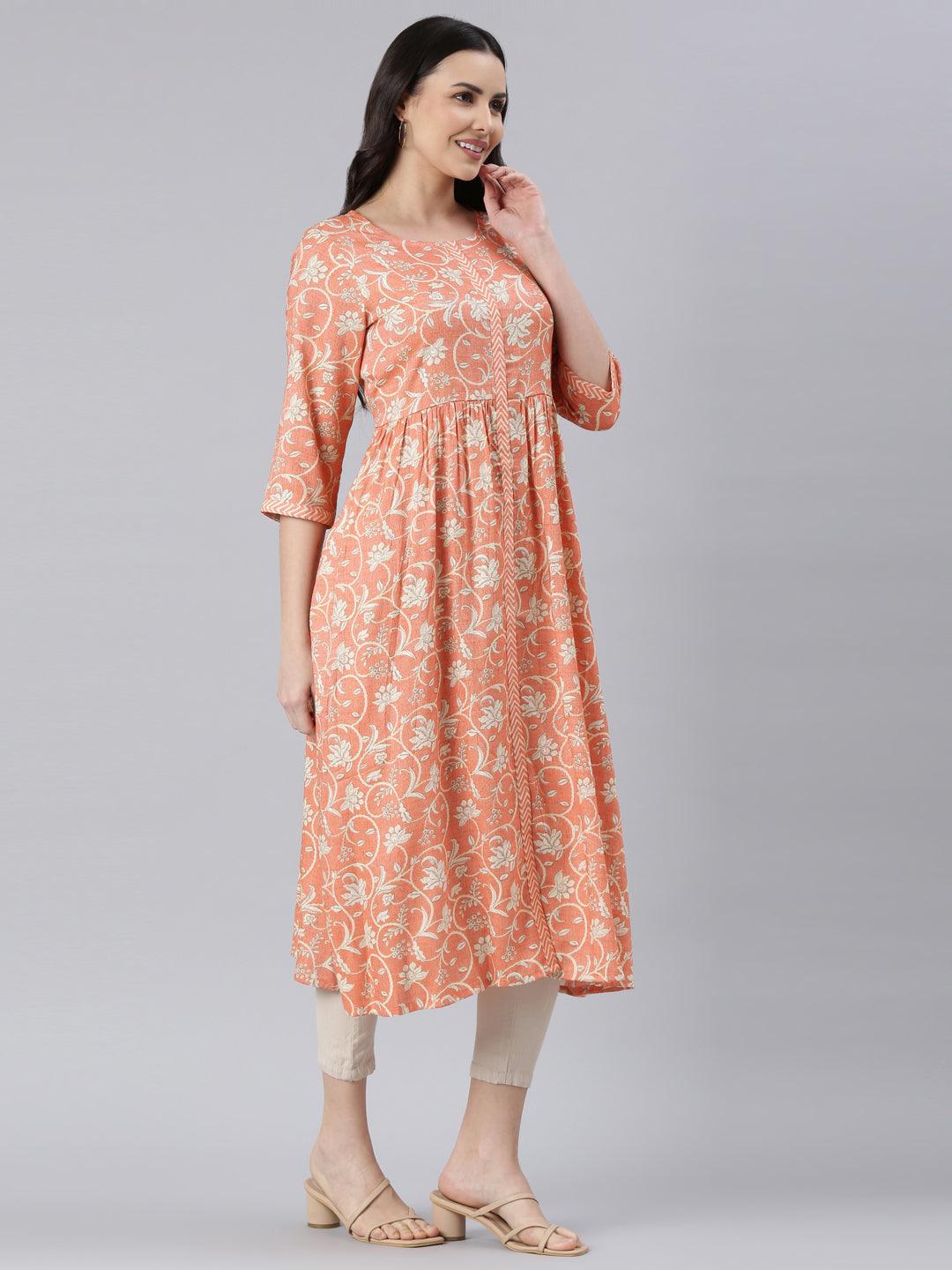 Women's Orange Floral Print Viscose Rayon Flared Kurta from samhitas apparel