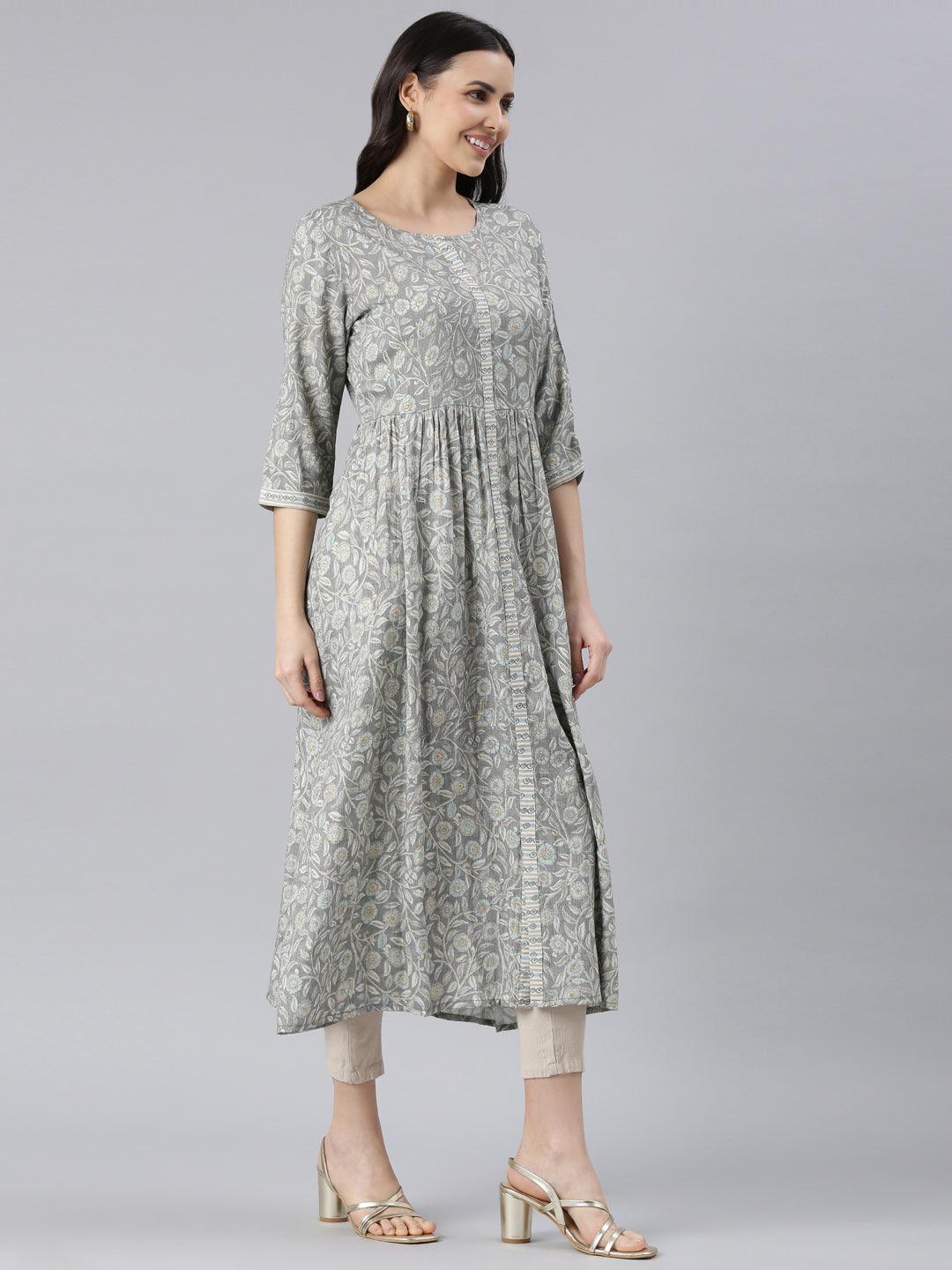 Grey Floral Printed A-Line Kurta for women from samhitas apparel