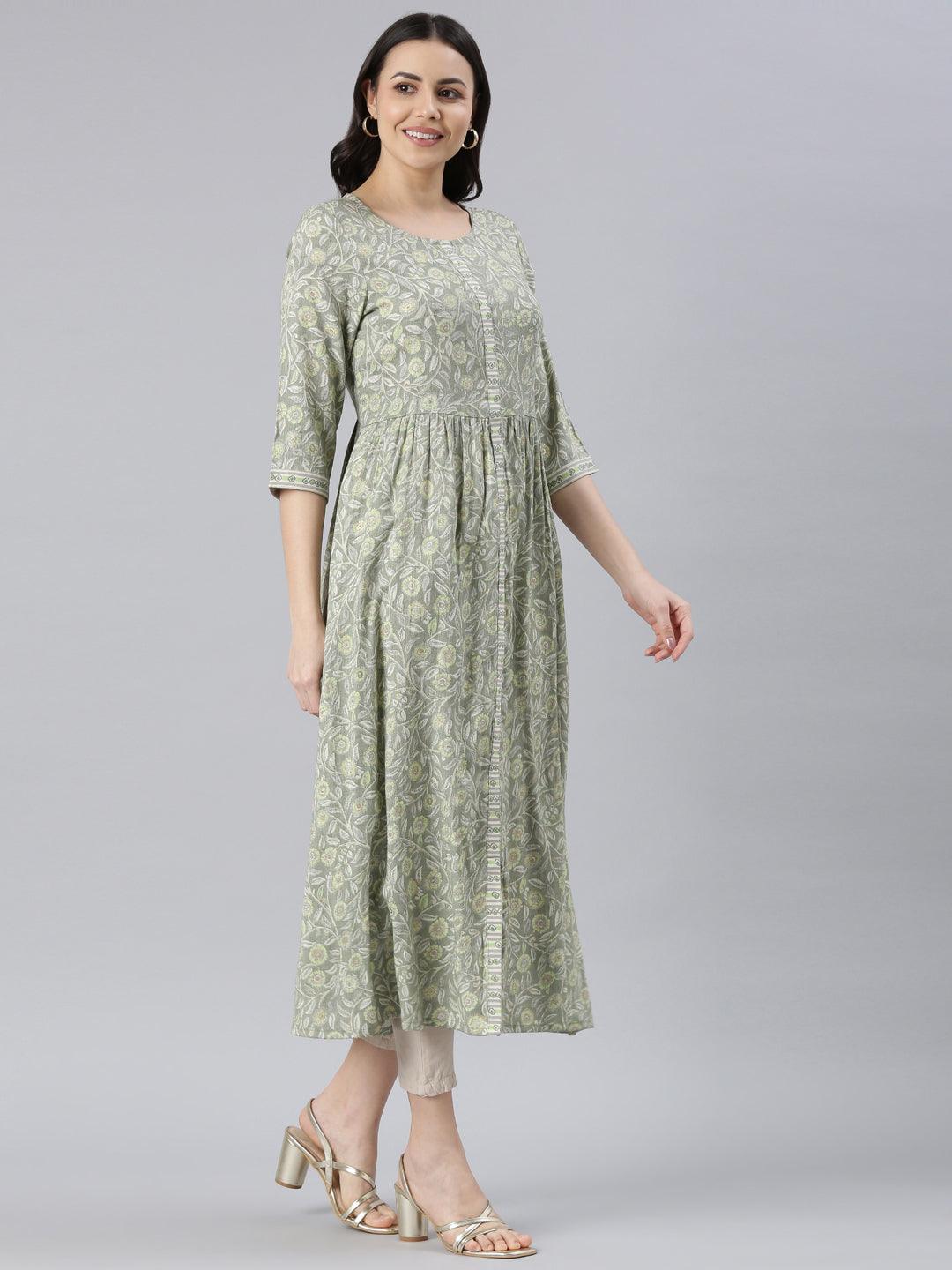 Women's Green Printed Viscose Rayon Straight Kurta from samhitas apparel