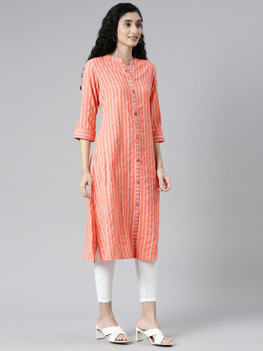 Orange Striped Chanderi Straight Kurta For Women from samhitas