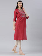 Side view of Maroon Embroidered Cotton Blend Straight Kurta from samhitas apparel