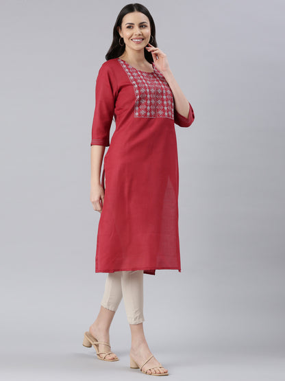 Women Embroidered Cotton Blend Straight Kurta (Maroon) - Samhitas Apparel