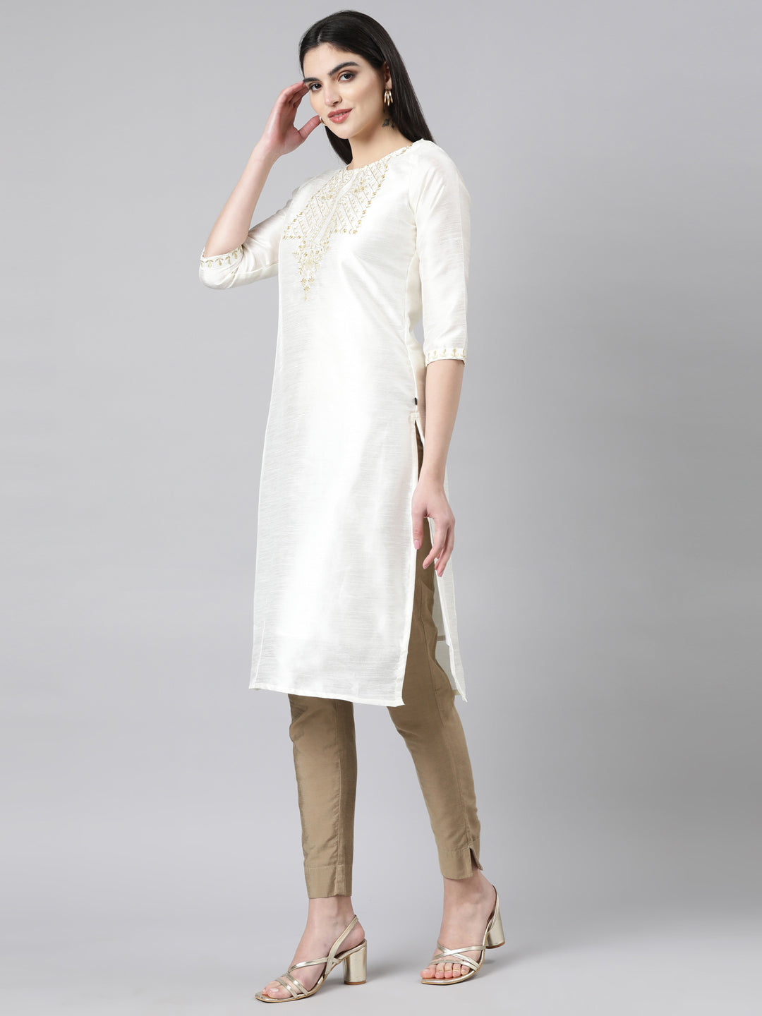 samhitas embroidery silk white kurta for women