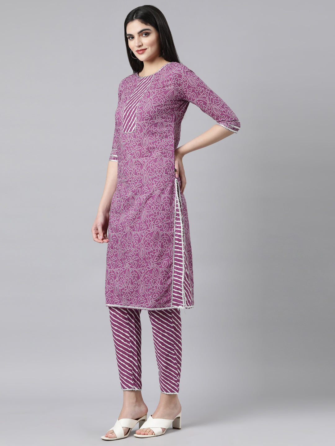 Printed Purple Cotton Kurta Set with Pant and Dupatta from samhitas apparel