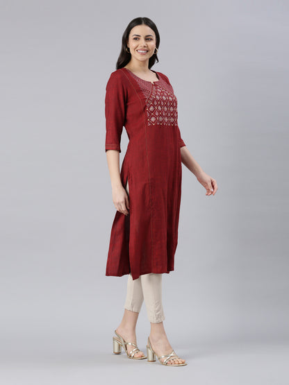 Women Embroidered Viscose Rayon A-line Kurta (Maroon) - Samhitas Apparel