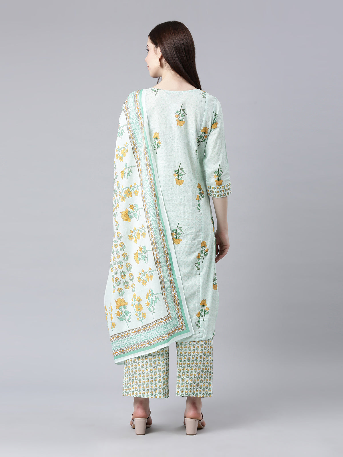 Backside View of Light Green Cotton Kurta Palazzo Sets For Women from samhitas