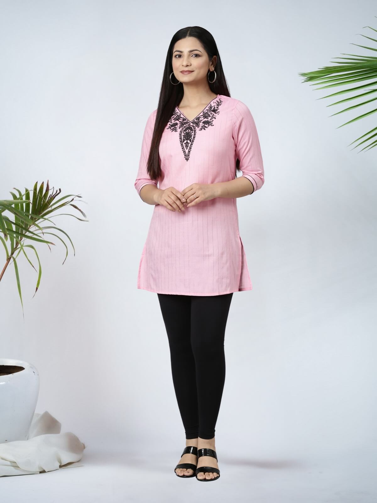 Baby Pink Short Kurti With Neck And Sleeve Embroidery