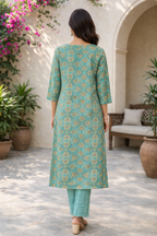 Rayon Printed Straight Kurta Pant Set- Kalki Rama Green